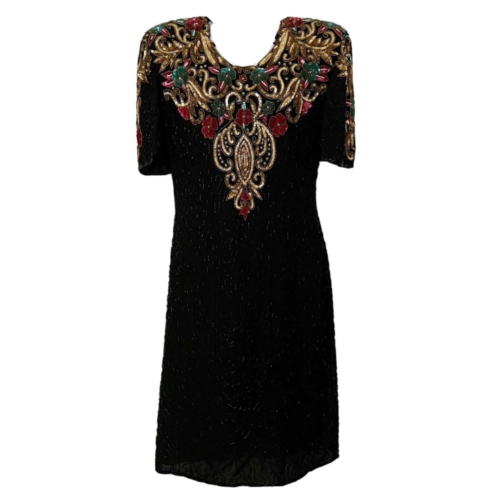 SCALA HEAVILY Sequin Beaded Sheath Dress Short Sleeve Black w Red Green Gold, L